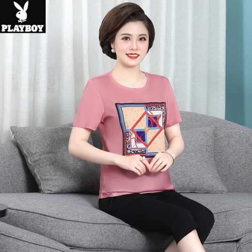 Playboy Mom Summer Sportswear Set modische Kurzarm-T-Shirt Top New Sommer zweiteiliger Set für Frauen mittleren und älteren Frauen H.M-12083 Lederrosa [T-Shirt + Hosen] L (Empfohlen 80-105 Jin [Jin gleich 0,5 kg]))