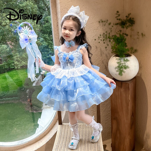 Disney Girls 'Kleid Sommer 2025 Neues modisches kleines Mädchen High-End-Kleid Elsa Prinzessin Kleid Lolita Rock [blauer Rock] JSGY6625 ELSA Kleid 130 cm Empfohlene Höhe etwa 125
