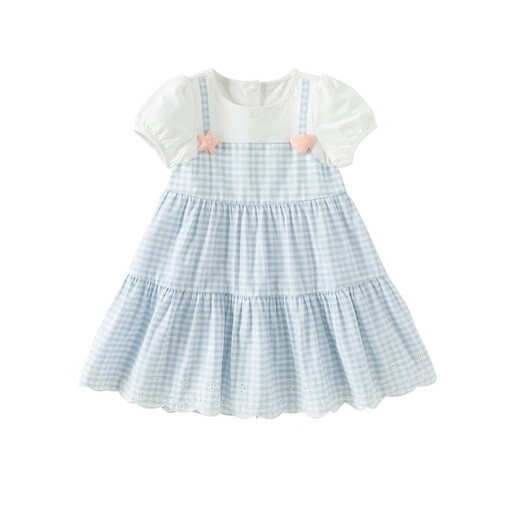 DAVE&BELLA summer new pure cotton girls dress baby girl fake two-piece dress children's princess dress cake dress plaid ready stock 90 cm (recommended height 80-90cm)