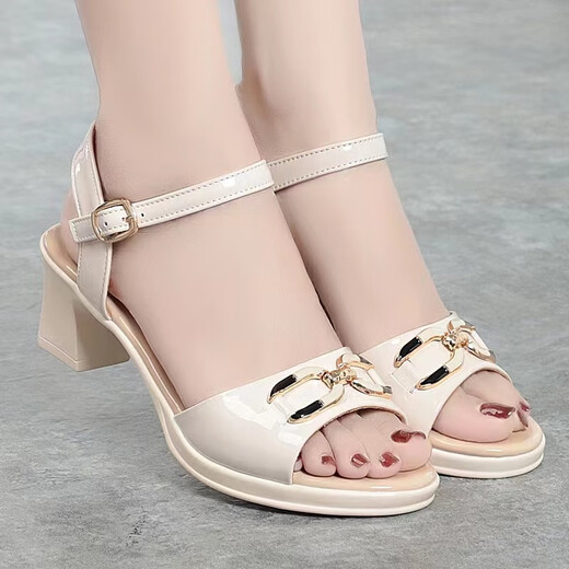 Red Dragonfly echtes Leder weicher Sohle Sandalen für Frauen 2025 Mutterschuhschuhe Sommer Dicke Absatz Ein-Streifen-Mode-Lackleder Fisch Mund Sandalen aus Weiß 38
