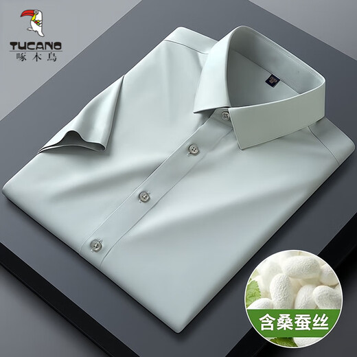 Woodpecker Mend à manches courtes avec une soie de mûrie, une chemise décontractée de style Summer, une chemise sans moustiquaire à demi-manche sans mousse, bleu clair, bleu clair, M 3890-115jin [Jin est égal à 0,5 kg] usure
