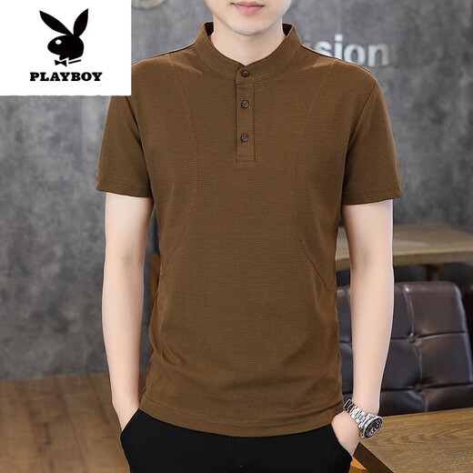花花公子（PLAYBOY）设计感立领t恤男人短袖夏季帅气纯白色冰丝polo.衫半袖亨利衫新品 白色 M