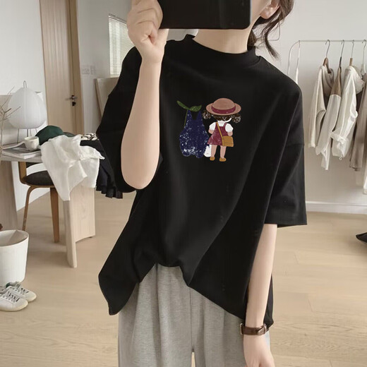 HKPK hohe Neck-Kurzärärmel-Frauen-High-End-Feeling Lose Small Summer Cotton T-Shirt für Frauendesign-Nische und vielseitige altersreduzierende T-Shirt White [1278-Blue] S für 90-110jin [Jin gleich 0,5 kg] universelle Größe