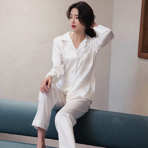Montagut pijama para mujeres mangas largas de primavera y otoño seda de seda de seda de moda de internet de moda ropa casera de ropa estilo francés summer fino xe longitud doble 6623# perla blanca única talla xl
