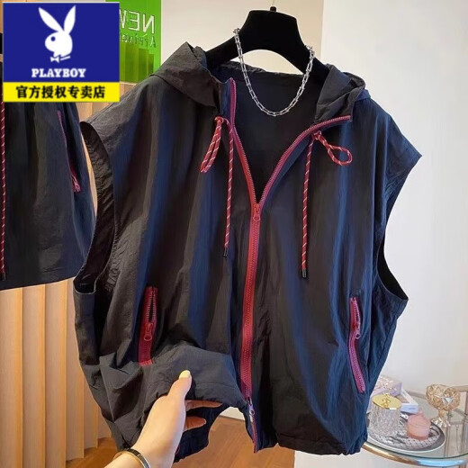花花公子（PLAYBOY）特大码300斤连帽马甲无袖春夏户外轻薄百搭宽松休闲速干防晒外套 1105卡其 XL