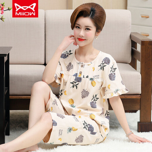 Catman MIIOW middle-aged mother pajamas for women in summer thin pure cotton short-sleeved cropped pants middle-aged and elderly people's home clothes plus size suit Watermelon red YMY-3937 M [Suggest 80-100Jin [Jin equals 0.5 kg]]