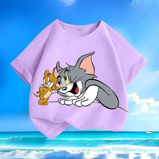 Cat and mouse summer new cartoon short-sleeved T-shirt for men and women, small and medium-sized children, pure cotton round neck, loose and versatile - SL black - KX683 Cat and mouse 150 [Suggested height 140-150 cm]