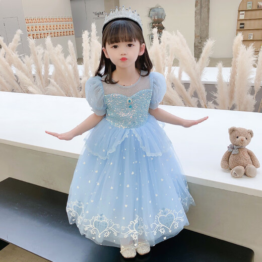 米诗德（MISHIDE）爱莎公主裙3-6岁夏新款爱莎公主裙夏季女童艾莎裙子爱沙新款儿童 [全套单裙+拖纱+发光裙撑+披肩+2 100 cm