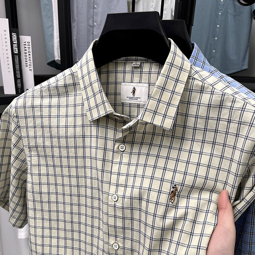 老人头（LAORENTOU）纯棉夏季新款男士短袖衬衫商务休闲格子半袖男上衣衬衣中青年 AN15271卡其 XL