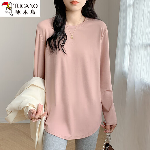 Woodpecker leather pink mid-length loose base shirt for women with fashionable new fashionable curved long-sleeved top Spring and autumn 653 meters white S