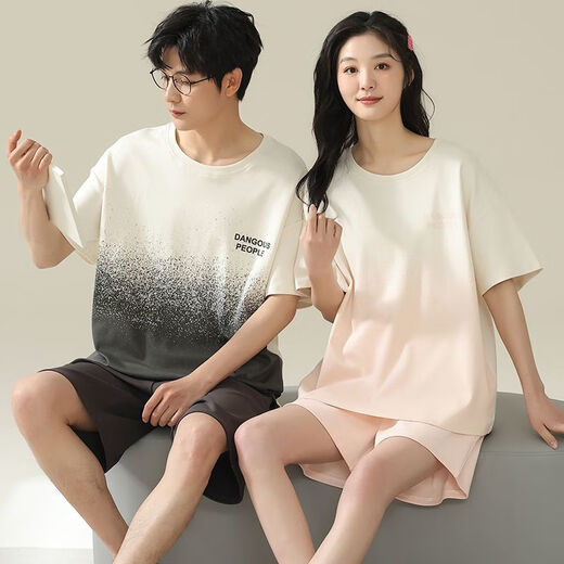 莫代尔情侣睡衣夏季纯棉短袖睡裙女甜美韩版卡通可外穿男大码家居服套装 -687 M 单女