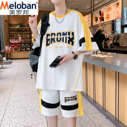 Melobang Meloban Summer New Casual Sports Set Boys Hong Kong Style Lose passende trendige und gutaussehende Shorts Shorts zweiteiler Set 687 White M Referenz 80-100jin [Jin entspricht 0,5 kg]
