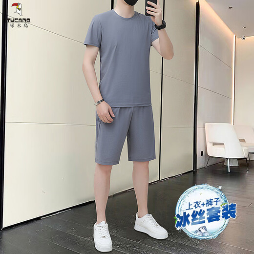啄木鸟（TUCANO）【2件套】冰丝华夫格短袖套装夏季弹力速干运动短袖短裤夏季t恤 9928卡其 L 建议90-110斤