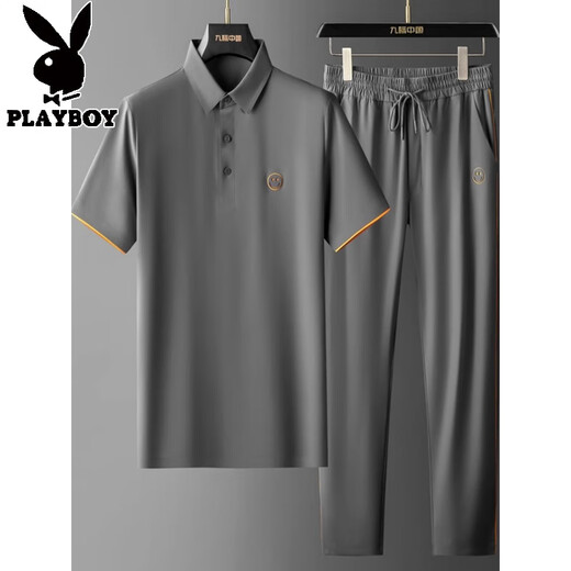 
Playboy (PLAYBOY) summer silky fast drying soft casual wear for men middle-aged fashion short sleeve lapel deep crotch two-piece suit men W9906 black suit 3XL 150-170Jin [Jin equals 0.5 kg]