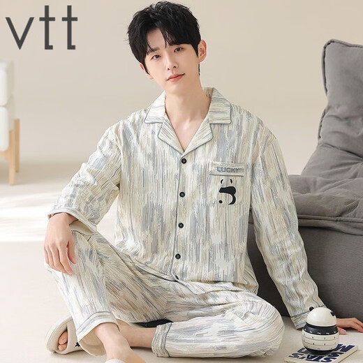 VTT男士睡衣男款春秋款2025新款纯棉长袖秋冬款秋季家居服套装 V长袖套装：OMM12023 坑条 L