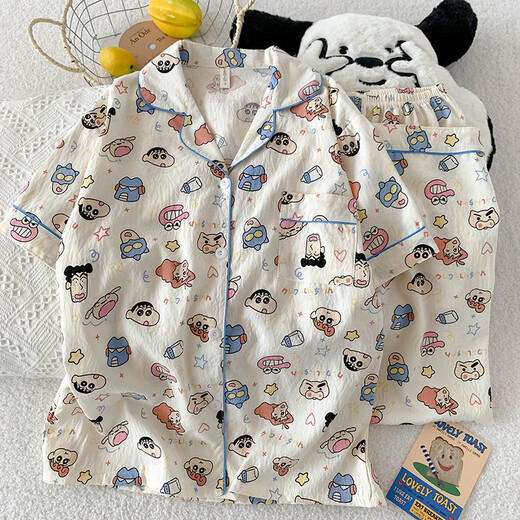 Ziweiqi lindo crayón pijama de algodón shin-yun para mujeres cardigan de verano dibujos animados de ropa para el hogar