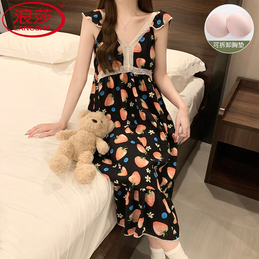浪莎（LangSha）睡裙女士夏季带胸垫吊带性感甜美夏天2025新款孕妇宽松家居服睡衣 YZQ-9905 （可拆卸胸垫）520礼物 M (建议75-100斤)
