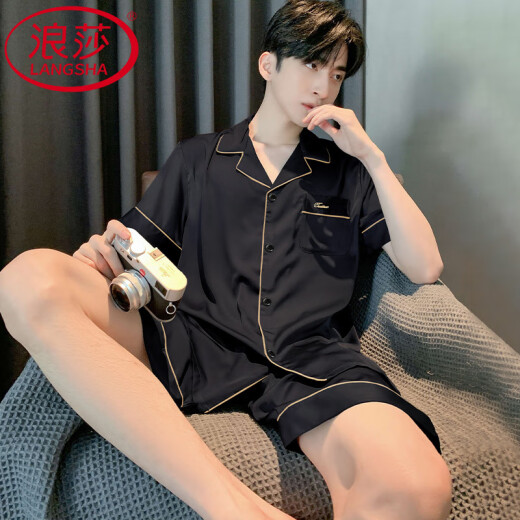 LangSha light luxury pajamas men's summer thin ice silk short-sleeved teenagers can wear new men's home clothing suit 12532 [Yunduo Cotton Crepe] L (recommended height 170, weight 100-