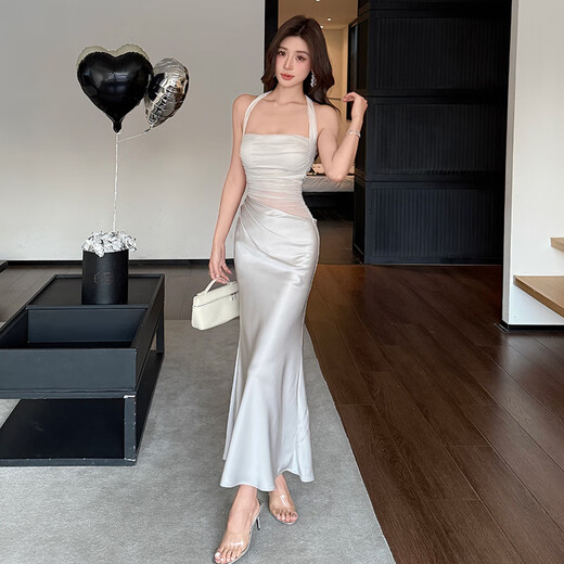 YIOU 2025 Sommer Mesh Spleißen Kleid frauen Neue Neckholder Design Taille Abnehmen Hüfte Rock 9892 Kaltgrau S