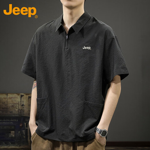吉普（JEEP）短袖T恤男士凉感polo衫男潮牌宽松半拉链速干上衣服男装 黑色 2XL