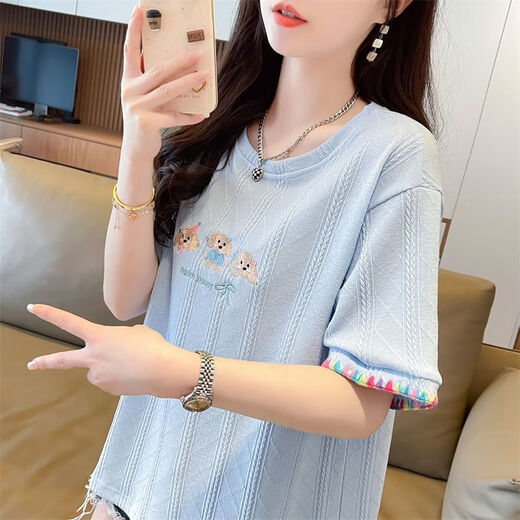 AEMAPE夏装女装刺绣白色短袖T恤女2025新款夏季小个子上衣夏天衣服 KM9277-杏色 L 建议110-125斤