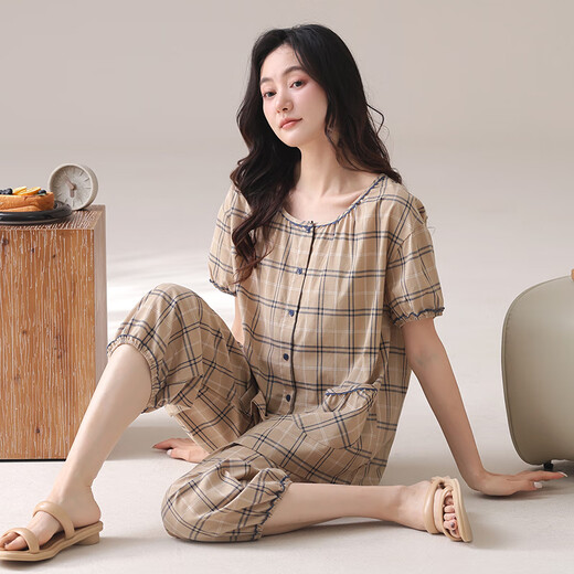 夸感睡衣女款夏季梭织纯棉短袖七分裤中年妈妈薄款纱布全棉夏款家居服 1349 杏色 M 【155-160CM/80-100斤】
