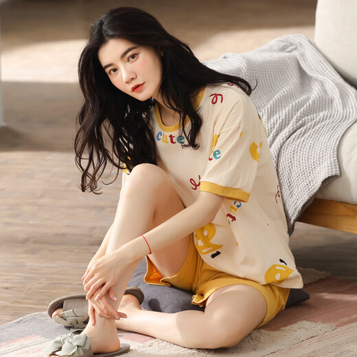 Calculat&Keen（CALCULAT&KEEN） CK夏季睡衣女纯 棉可爱卡通短袖两件套装韩版薄款可外穿春秋天 天蓝色GXT6636图色 XL (建议115-130斤)