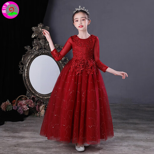 Children's knitted girl princess dress flower girl dress dress wedding dress children's dress tutu skirt children's program performance dress long wine red 160