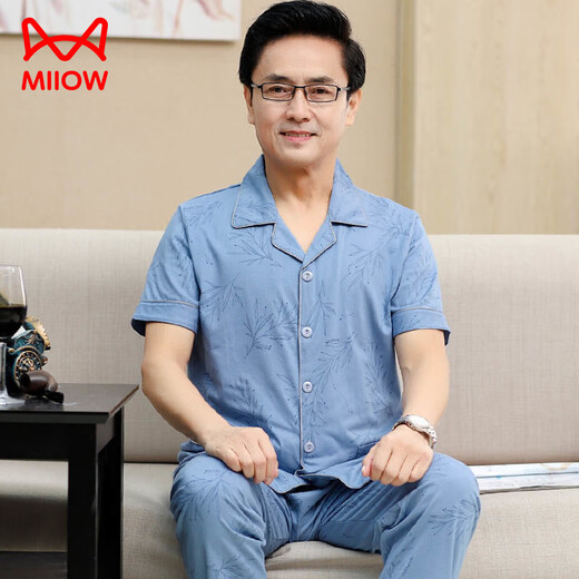 猫人（MiiOW）中年爸爸睡衣男士夏季短袖长裤100纯棉套装老年人加肥加大码薄款 698 3XL (建议170-190斤)