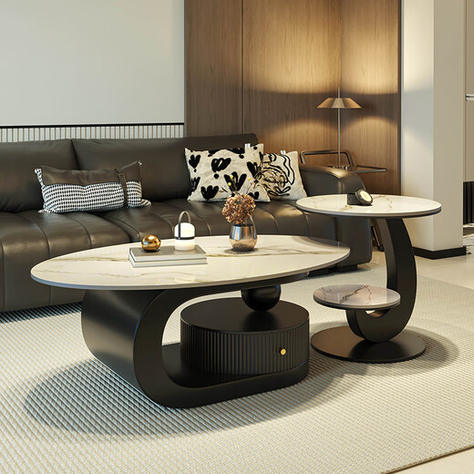 Manshun new oval slate coffee table modern simple living room home light luxury high-end small apartment with drawer combination combination black cabinet fish belly white 100*60 + side table 50