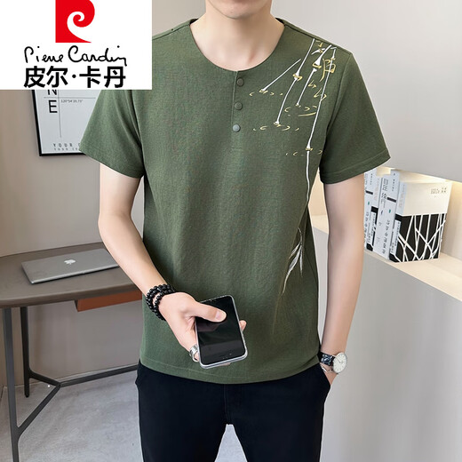 皮尔卡丹（pierre cardin）新中式国风v领短袖T恤男夏季亚麻2025新款透气竹子半袖男士体恤衫 9856卡其色 XL (约120~140斤可穿)