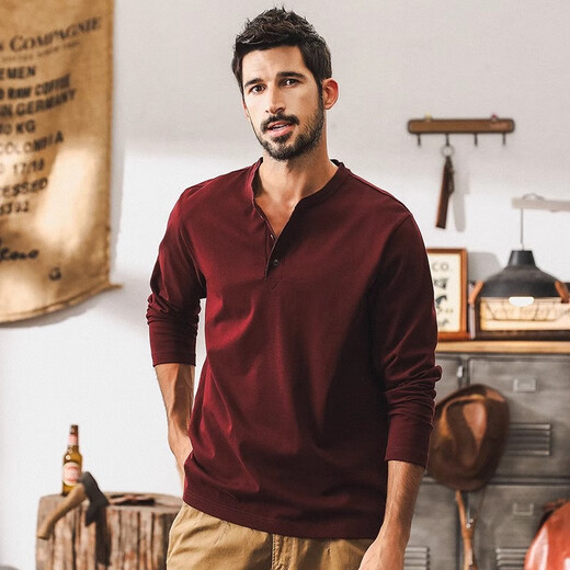 Jay Leno American retro 300g heavyweight long-sleeved T-shirt for men in autumn 2025 new trendy brand loose Henry collar Polo shirt for men, maroon 300g heavyweight M suitable for 100-125Jin Jin equals 0.5 kg