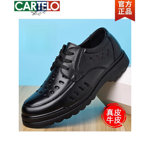CARTELO light luxury high-end sandals men's summer genuine leather breathable casual leather shoes for men's hollow hole shoes soft sole dad's shoes 6627 black hollow 38