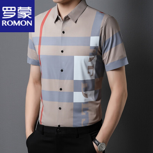Romon Ice Silk Shirt à manches à manches à manches moyennes d'âge moyen et jeune mince mince chemise à carreaux