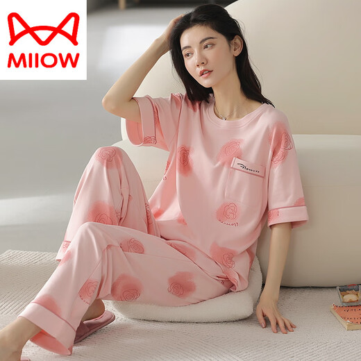 猫人（MiiOW）织睡衣女夏季纯棉短袖长裤薄款全棉夏天女士家居服套装春秋季 YZT9712主图款 短袖长裤 M 80-100斤