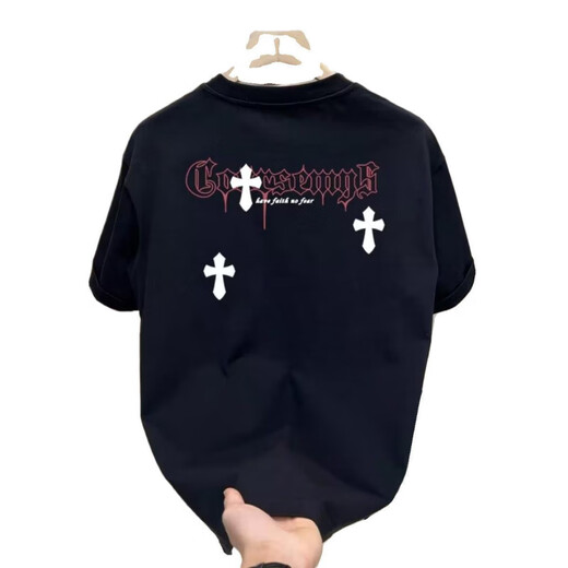 Chang Luzhu 2025 Sommer New American 220G Pure Cottro Retro Schwarzes Top-Paar Outfit Vielseitige runde Hals kurzärmeligte T-Shirt für Männer und Frauen V695 Black S
