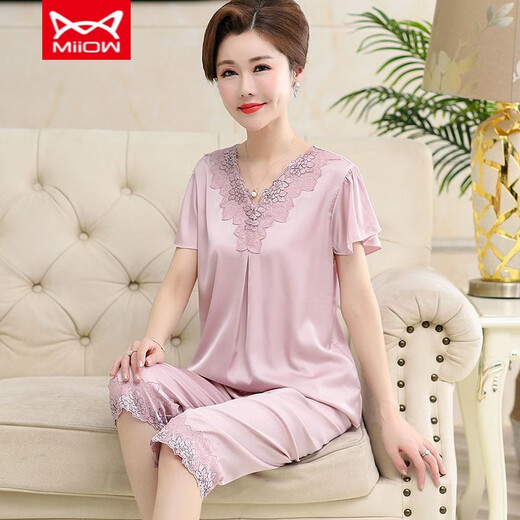 
Catman MIIOW ice silk pajamas for women with cropped sleeves new style summer middle-aged and elderly mothers can wear home clothes outside 683 bean paste [cronylene sleeves trousers] M Recommended 80-100Jin [Jin equals 0.5 kg]
