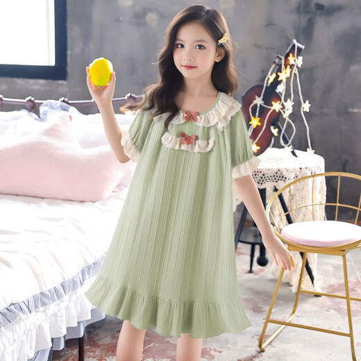 
Snoopy (SNOOPY) summer new style short-sleeved girls nightgown loose girls nightgown ice silk medium-sized children's pajamas dress 687 short-sleeved lace bow apricot nightgown 170 cm