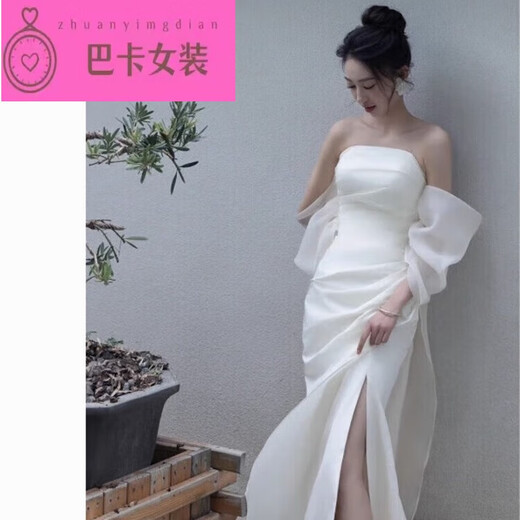 NJTD new Chinese dressing gown bride wedding toast dress engagement dress high-end light luxury niche French tube top dress for women white dress one size s 160