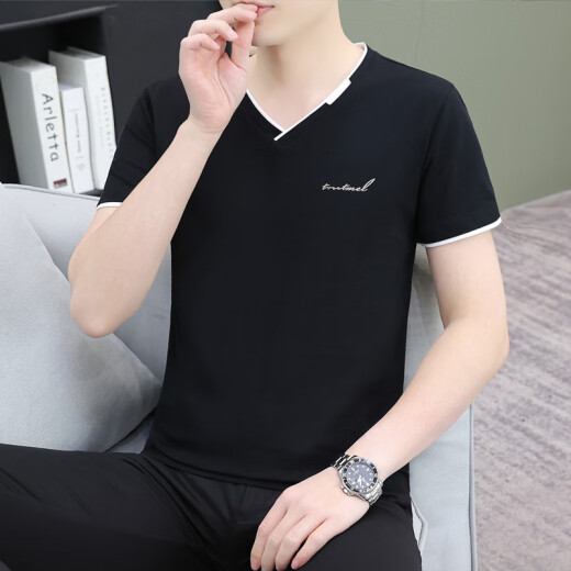 七匹狼（septwolves）夏季纯棉男士短袖恤领薄款修身青年潮流半截袖男休闲鸡心领体恤 深灰色 QY694 M 【95-115斤】