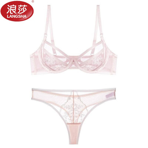 LangSha Ultra-Thin Sexy French Underwear Women's Crystal Cup Embroidered Lace Underwear Big Breast Revealing Small Hollow Transparent Bra Set White Set 70B