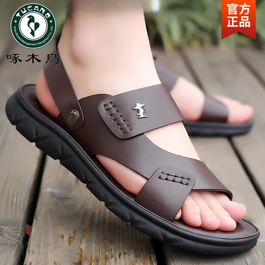 Holzspecker echtes Cowhide Summer Beach Schuhe lässig Männer echte Leder Sandalen Sandalen im Freien mit zwei Purpose-Fahrschuhen tragen resistente nicht rutschfeste wasserdichte 9928 Brown 38