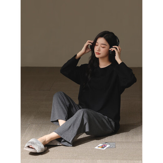 Retenedor estadounidense Nuevo pijama para mujeres en primavera y otoño, casualidad larga de mangas simples sólidas, cuello redondo de cuello redondo, juego de ropa para mujeres - 6195 m (160)