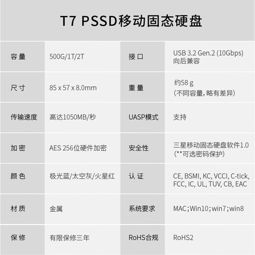 Samsung (Samsung) T7 Typ-C USB 3.2 Mobile SSD PSSD NVME Transmissionsgeschwindigkeit 1050 MB/S T7 Typ-C USB3.2 Space Grey 1TB