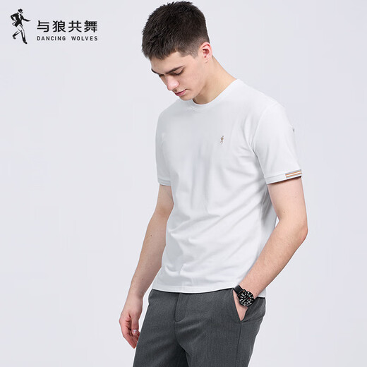 与狼共舞【含桑蚕丝】圆领短袖T恤男2025夏季新款刺绣凉感透气打底短t6623 本白803 XL (180)