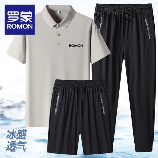 罗蒙冰丝短袖男装套装夏季新款P.OLO衫短裤男纯色翻领运动休闲套装男 A308-12358+2198珠光白短套 【LM XL