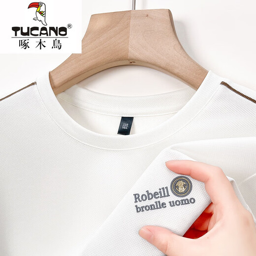 Woodpecker summer ice silk short-sleeved T-shirt for men's thin quick-drying middle-aged round neck loose summer solid color T-shirt 723-1m camel 2XL