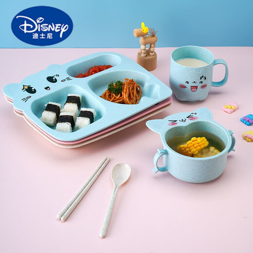 迪士尼（Disney）卡通小麦秸秆儿童餐具五件套儿童学生分格餐盘家用吃饭勺筷套装 粉色【餐盘】