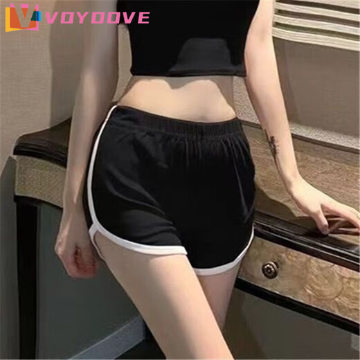 VOYDOVE三分热裤运动短裤女夏外穿跑步高腰韩版瑜伽居家休闲a字宽松ins潮 单杠黑1件【z】 L 90-110斤