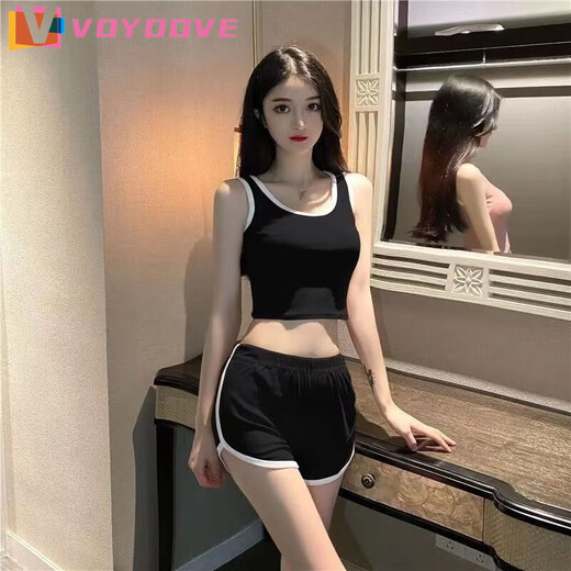 VOYDOVE三分热裤运动短裤女夏外穿跑步高腰韩版瑜伽居家休闲a字宽松ins潮 单杠黑1件【z】 L 90-110斤